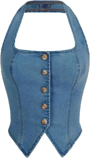 Verdusa Women's Button Front Halter Neck Asymmetrical Denim Crop Top Jean Vest