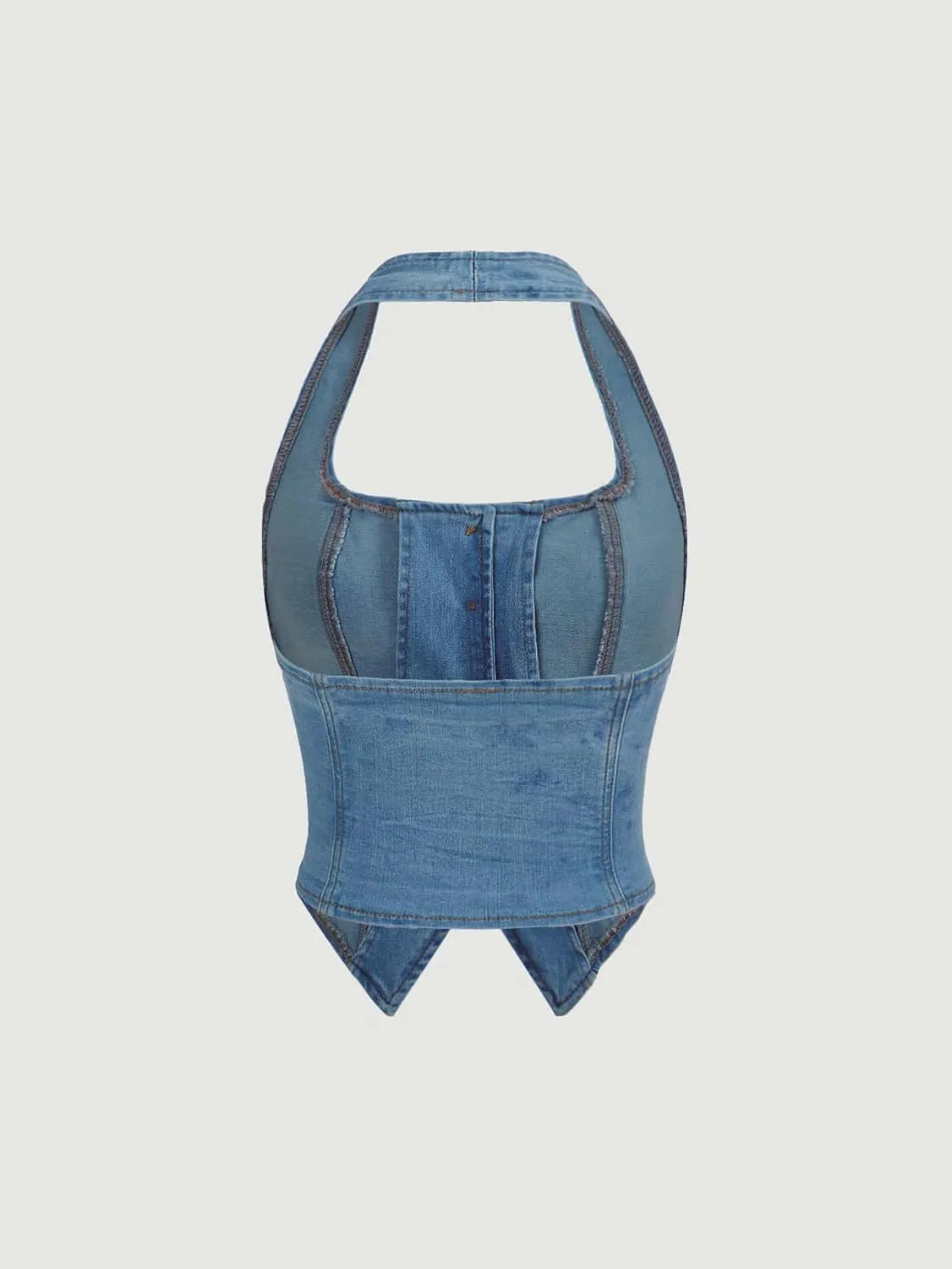 Verdusa Women's Button Front Halter Neck Asymmetrical Denim Crop Top Jean Vest