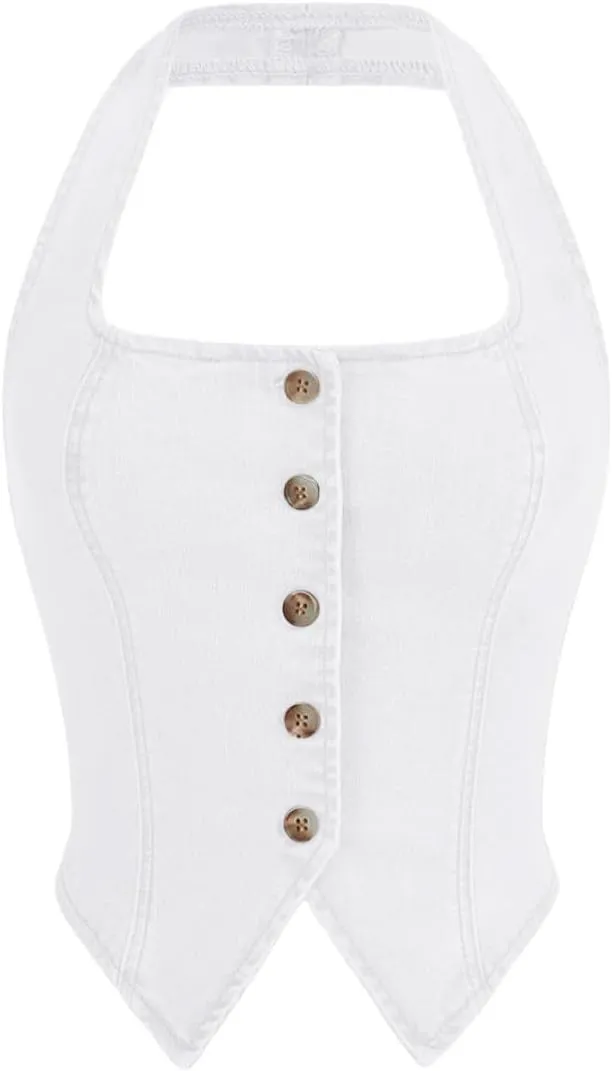 Verdusa Women's Button Front Halter Neck Asymmetrical Denim Crop Top Jean Vest