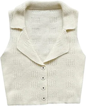 Verdusa Women's Button Front Lapel Collar Knit Crop Top Sleeveless Sweater Vest
