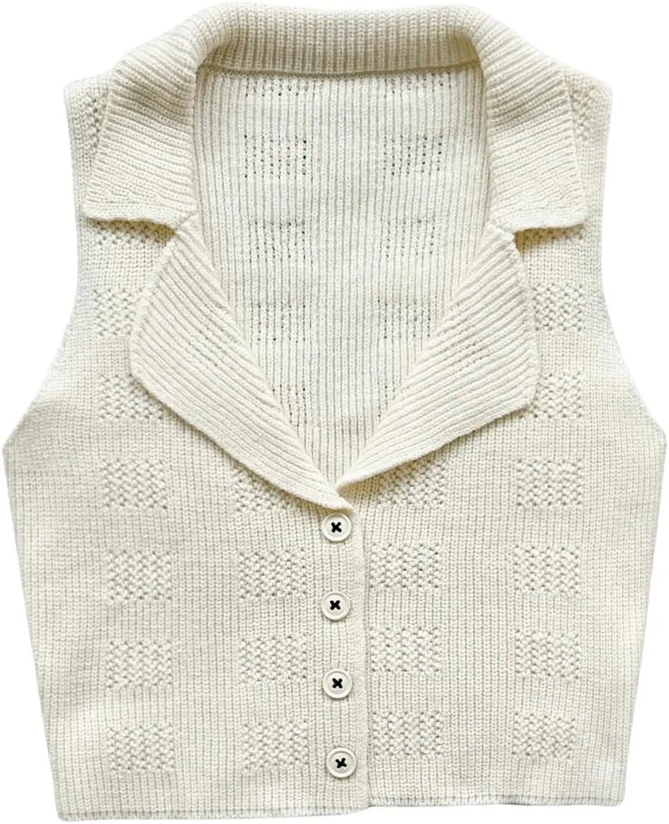 Verdusa Women's Button Front Lapel Collar Knit Crop Top Sleeveless Sweater Vest