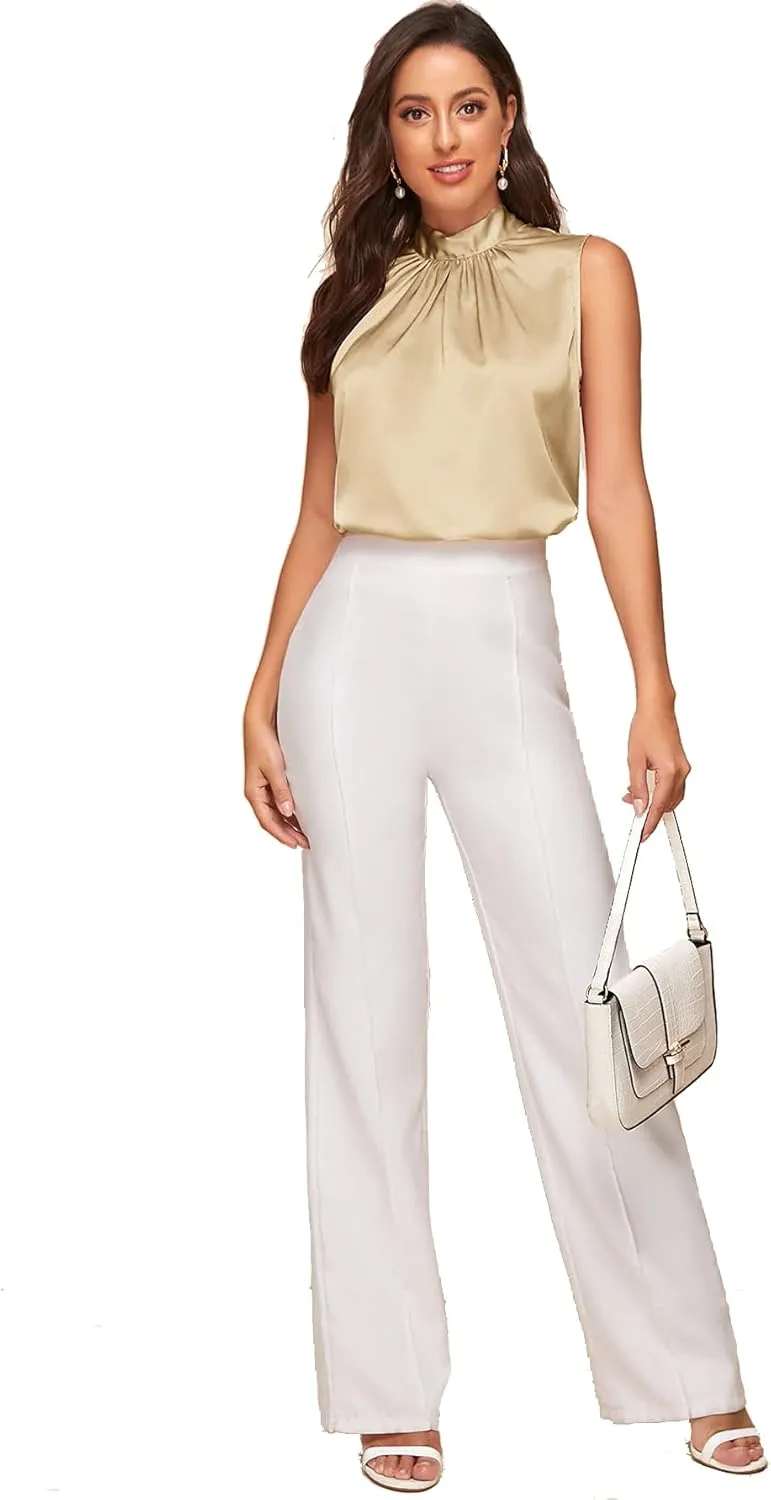 Verdusa Women's Elegant Tie Back Sleeveless Pleated Mock Neck Satin Blouse Top