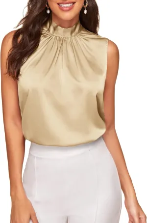 Verdusa Women's Elegant Tie Back Sleeveless Pleated Mock Neck Satin Blouse Top