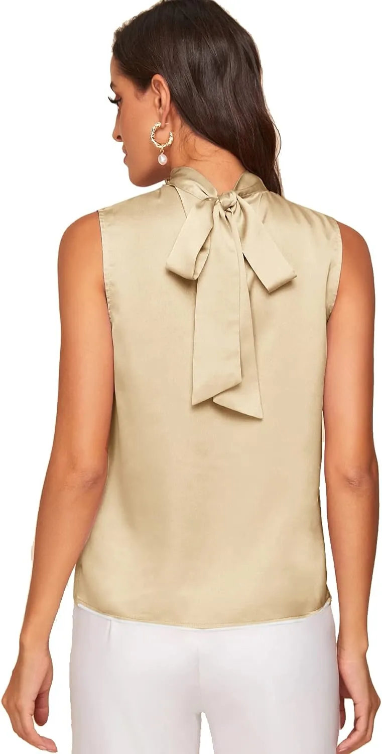Verdusa Women's Elegant Tie Back Sleeveless Pleated Mock Neck Satin Blouse Top