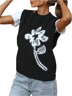 Verdusa Women's Floral Print Sweater Vest Round Neck Sleeveless Knit Pullover Top