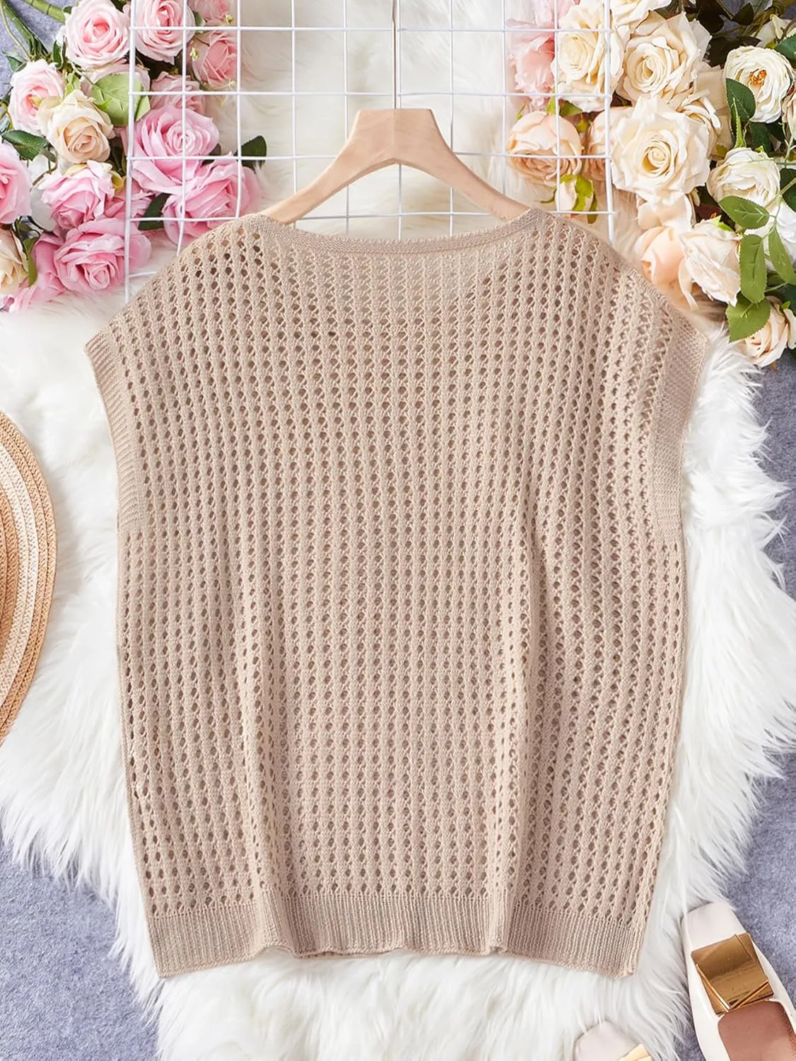 Verdusa Women's Hollow Out Sheer Knit Top Dolman Sleeve Pullover Cover Up