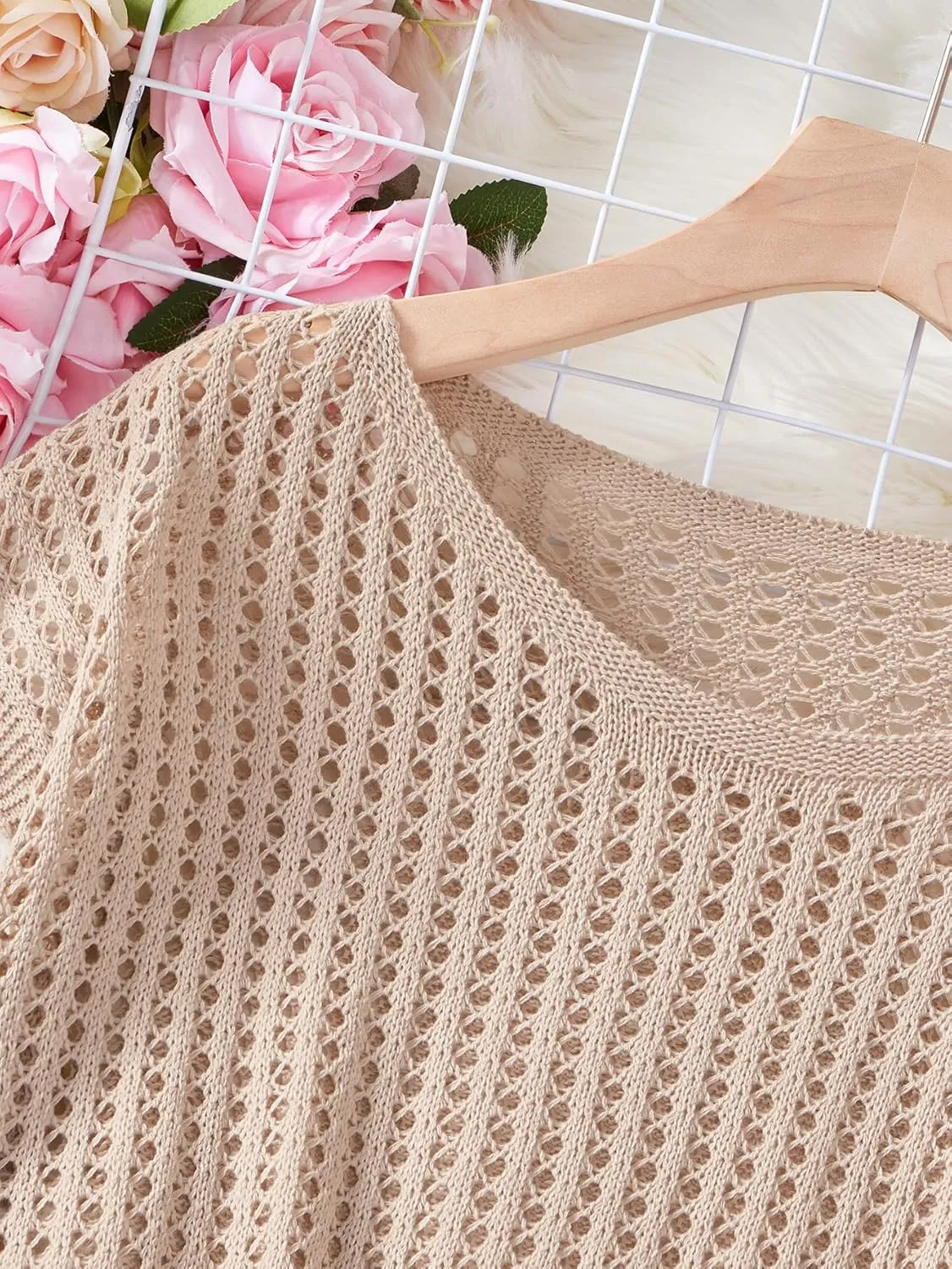 Verdusa Women's Hollow Out Sheer Knit Top Dolman Sleeve Pullover Cover Up