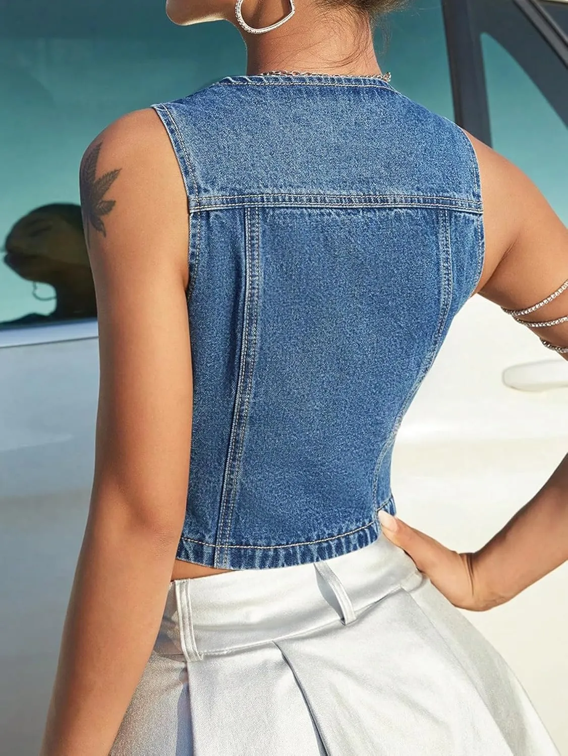Verdusa Women's Sleeveless Button Front V Neck Sleeveless Asymmetrical Denim Vest Top