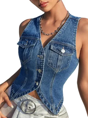 Verdusa Women's Sleeveless Button Front V Neck Sleeveless Asymmetrical Denim Vest Top