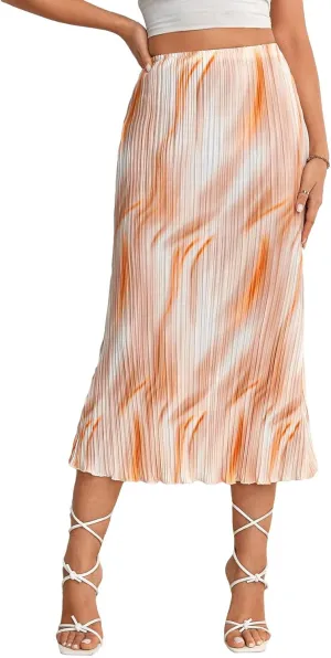 Verdusa Women's Tie Dye Elastic High Waist Pleated A Line Midi Skirt Orange X-Large