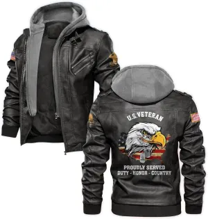 Veteran Leather Jacket Men Motorcycle, Patriotic Jacket Style With Military Features, Perfect For Veterans Day Gifts