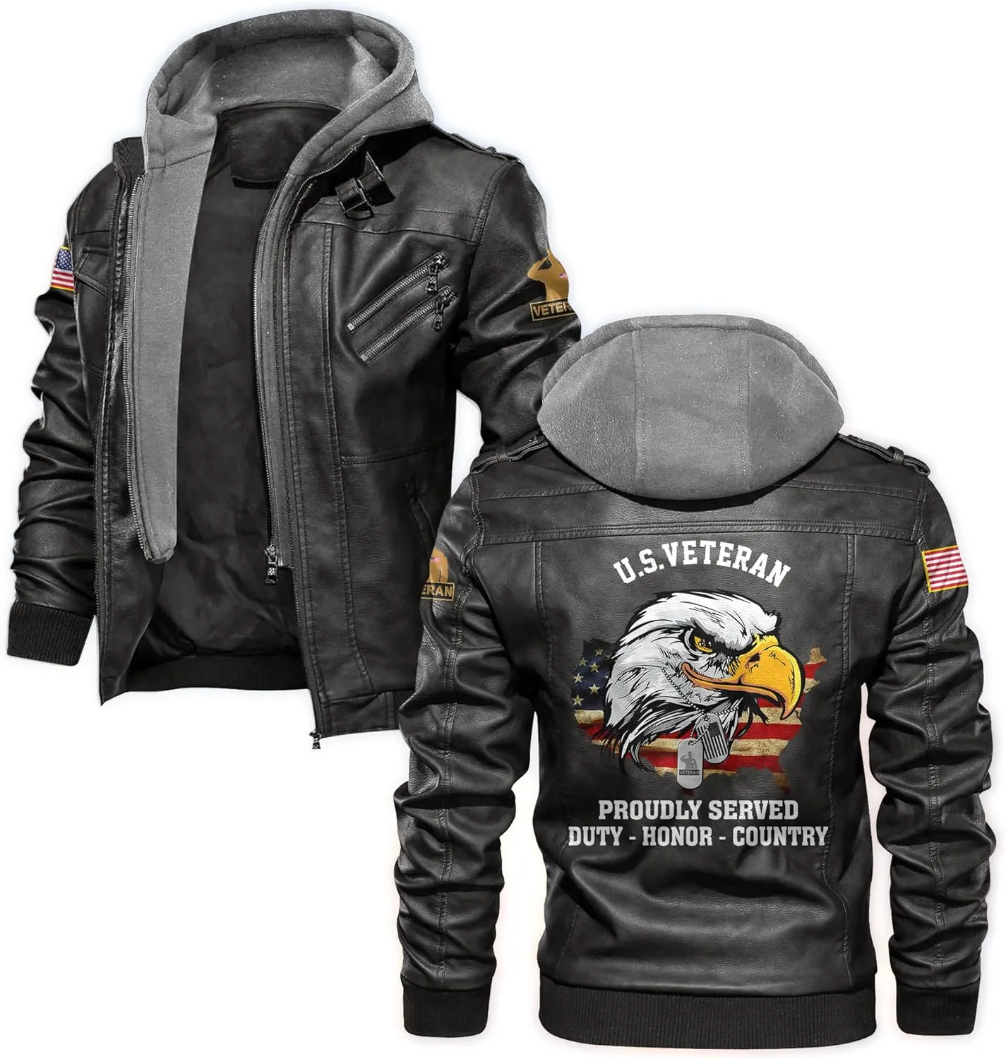 Veteran Leather Jacket Men Motorcycle, Patriotic Jacket Style With Military Features, Perfect For Veterans Day Gifts