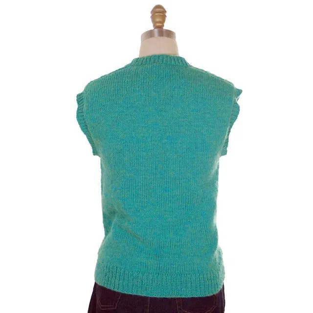 Vintage  Sweater Vest V Neck Sleeveless Blue Green Hand Knit Wool 1960s