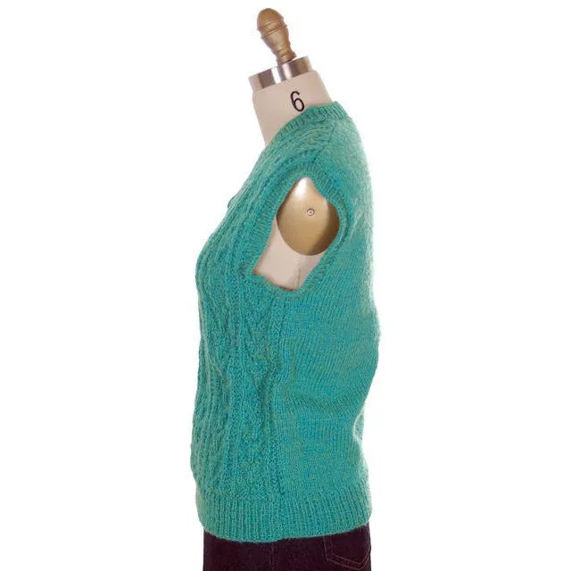 Vintage  Sweater Vest V Neck Sleeveless Blue Green Hand Knit Wool 1960s