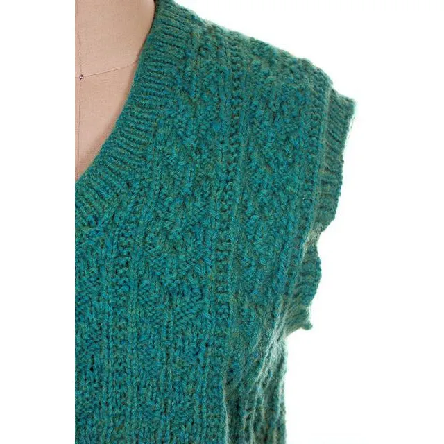 Vintage  Sweater Vest V Neck Sleeveless Blue Green Hand Knit Wool 1960s