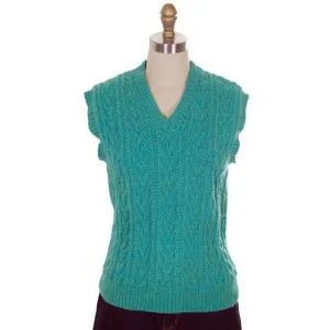Vintage  Sweater Vest V Neck Sleeveless Blue Green Hand Knit Wool 1960s