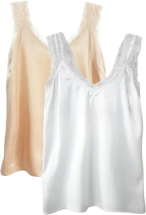Wantschun Womens Satin Silk Camisole Lace Straps Tank Top Cami V-Neck