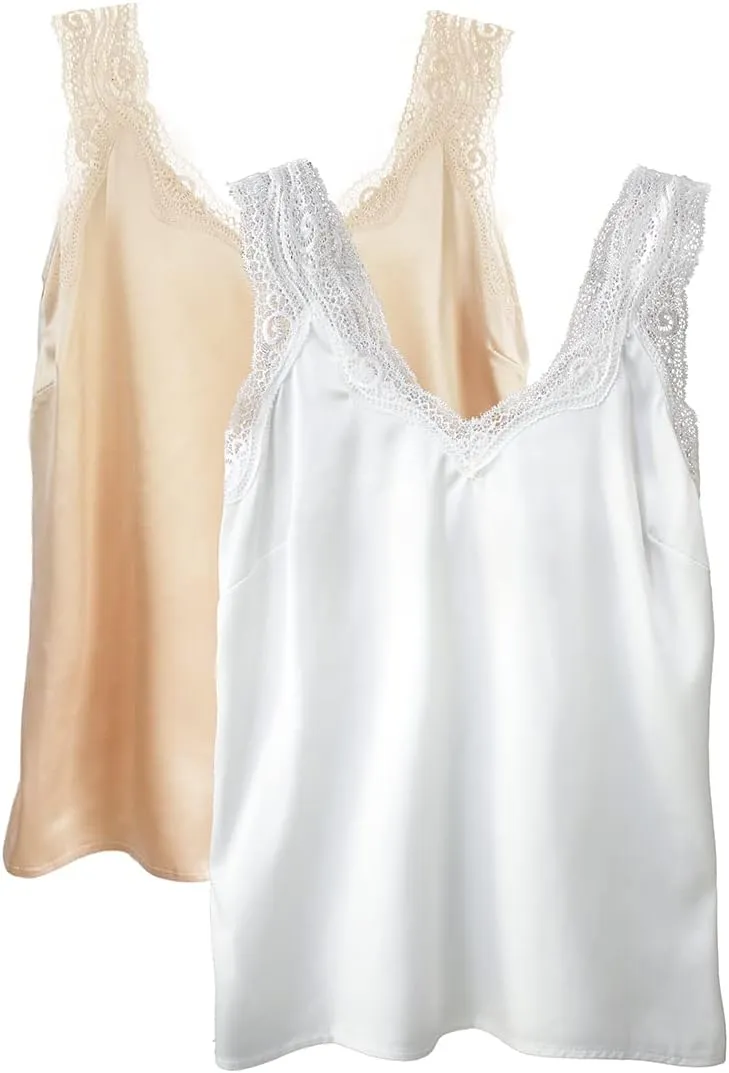 Wantschun Womens Satin Silk Camisole Lace Straps Tank Top Cami V-Neck