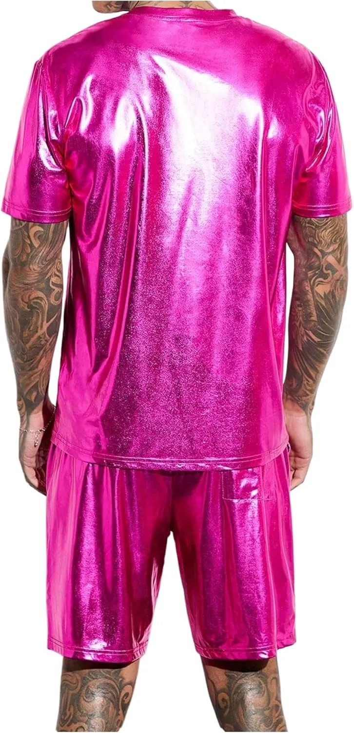 WDIRARA Men's 2 Piece Outfit Metallic Short Sleeve Round Neck Tee Top and Shorts Set Party Wear