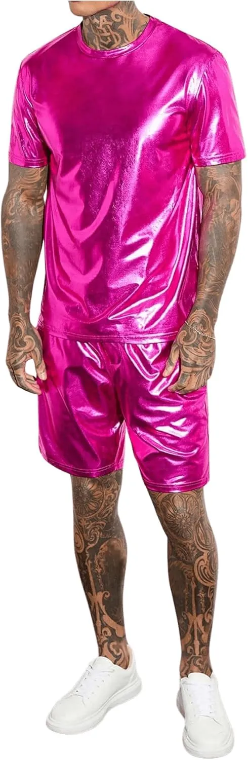 WDIRARA Men's 2 Piece Outfit Metallic Short Sleeve Round Neck Tee Top and Shorts Set Party Wear