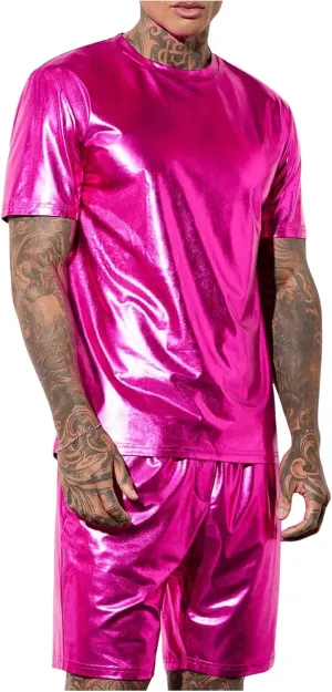 WDIRARA Men's 2 Piece Outfit Metallic Short Sleeve Round Neck Tee Top and Shorts Set Party Wear