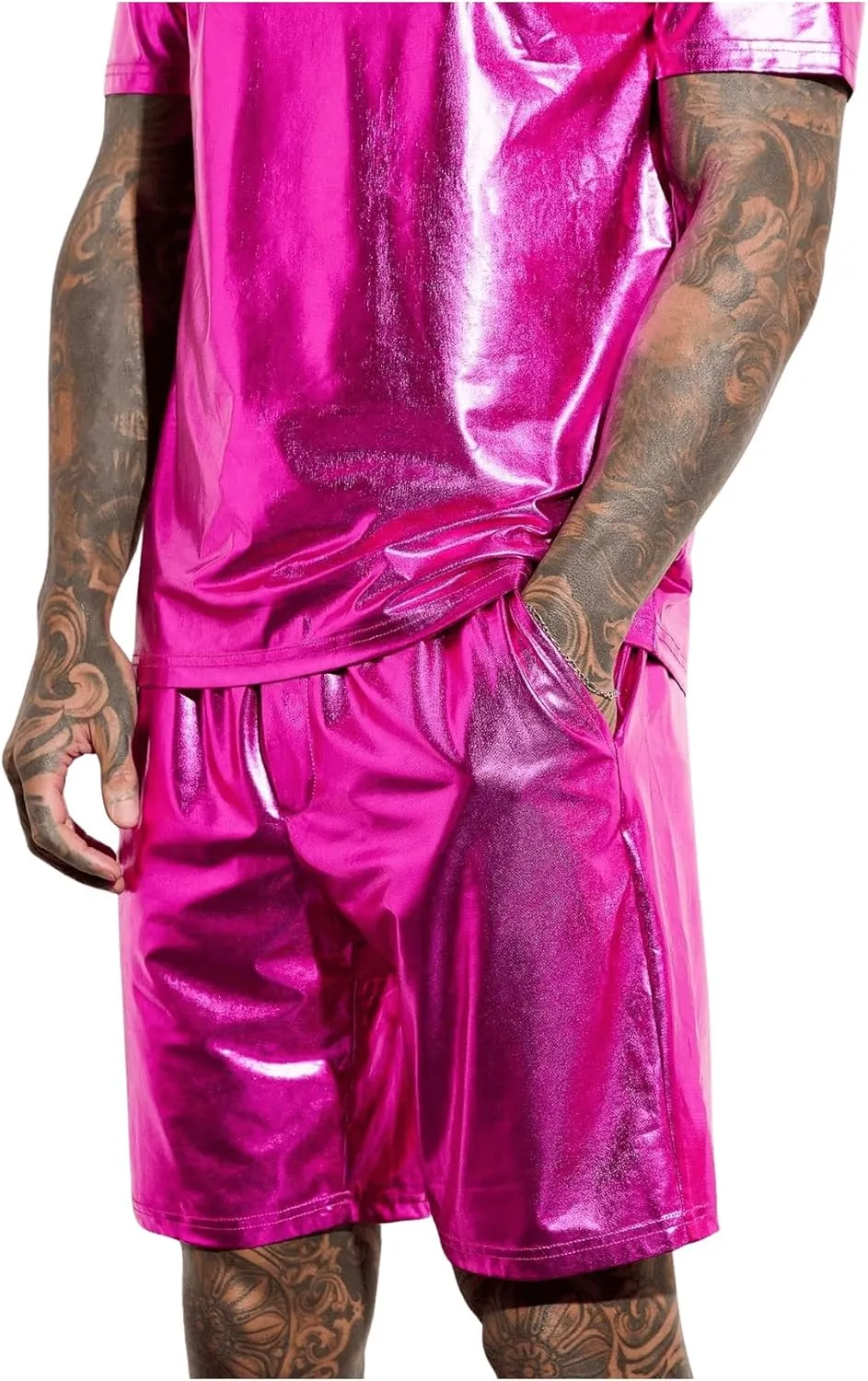 WDIRARA Men's 2 Piece Outfit Metallic Short Sleeve Round Neck Tee Top and Shorts Set Party Wear