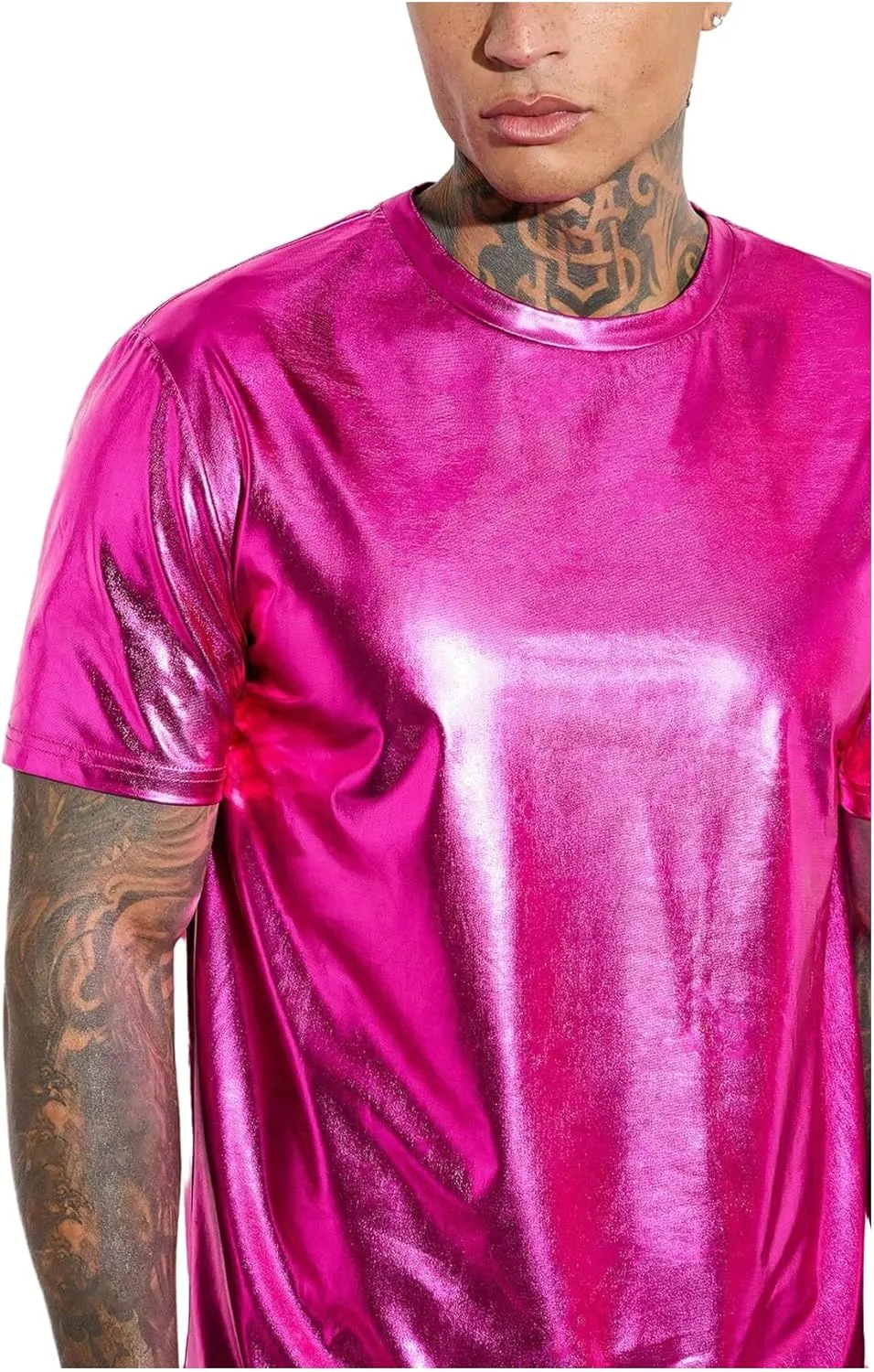 WDIRARA Men's 2 Piece Outfit Metallic Short Sleeve Round Neck Tee Top and Shorts Set Party Wear
