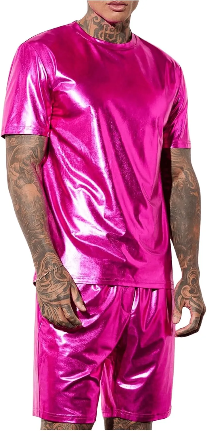 WDIRARA Men's 2 Piece Outfit Metallic Short Sleeve Round Neck Tee Top and Shorts Set Party Wear