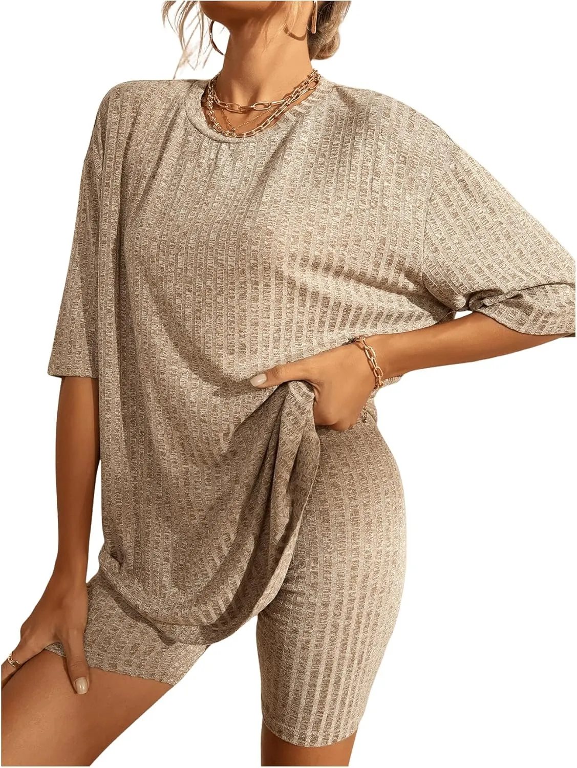 WDIRARA Women's 2 Piece Outfits Ribbed Short Sleeve Drop Shoulder Tee and Shorts Set Tracksuits