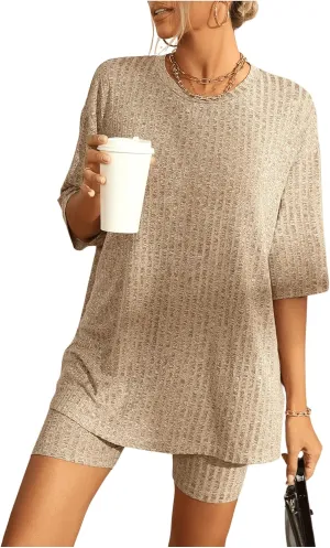 WDIRARA Women's 2 Piece Outfits Ribbed Short Sleeve Drop Shoulder Tee and Shorts Set Tracksuits