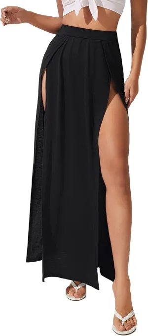 WDIRARA Women's Double Split High Waist Wrap Split Thigh Elegant Flowy Maxi Skirt