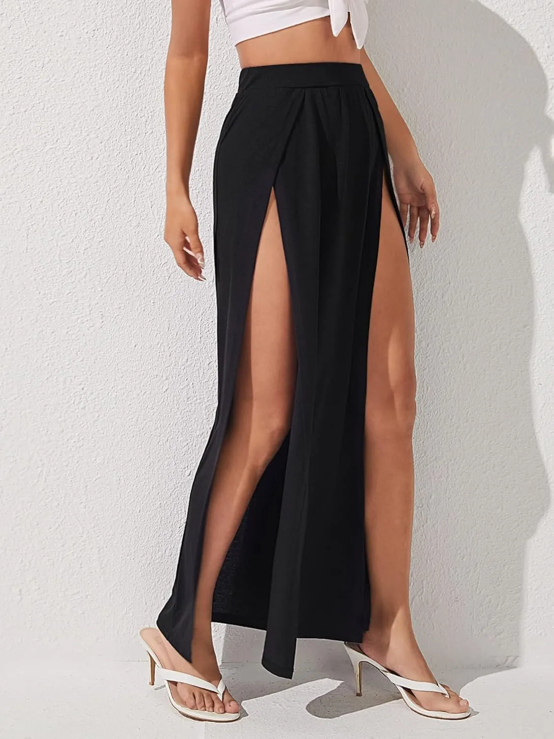 WDIRARA Women's Double Split High Waist Wrap Split Thigh Elegant Flowy Maxi Skirt