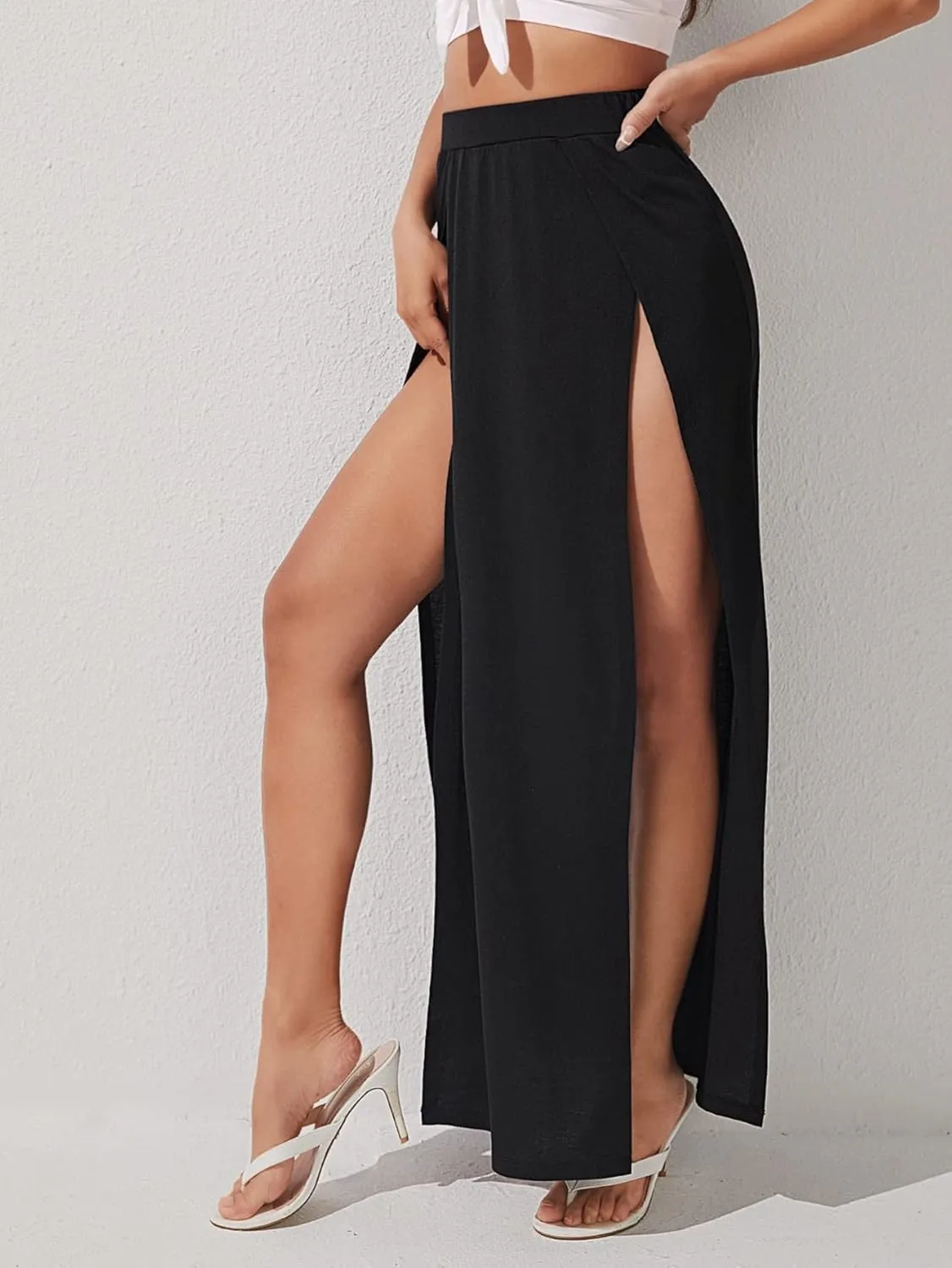 WDIRARA Women's Double Split High Waist Wrap Split Thigh Elegant Flowy Maxi Skirt