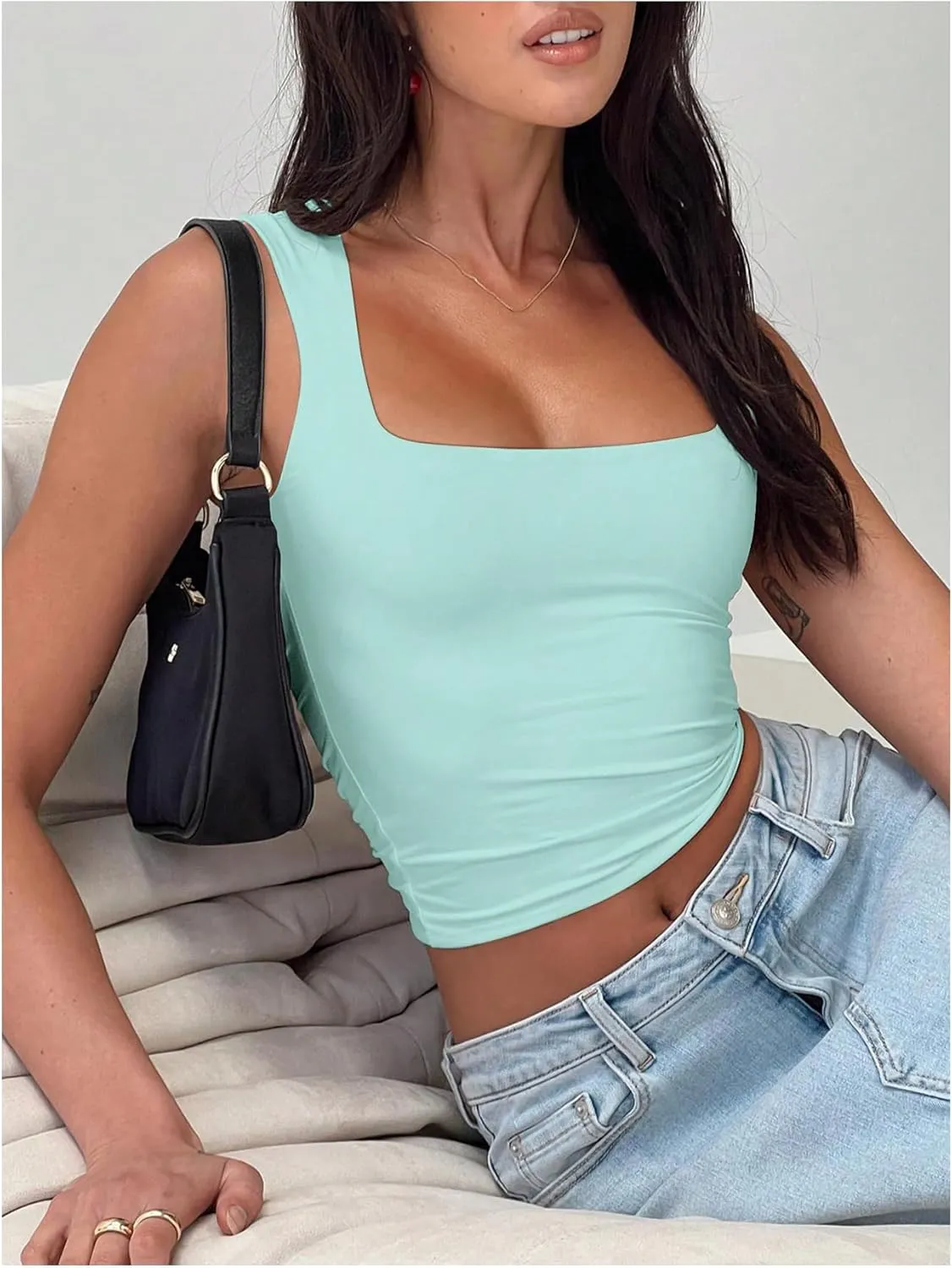 WDIRARA Women's Leopard Print Square Neck Sleeveless Crop Tank Top Summer Casual Tops