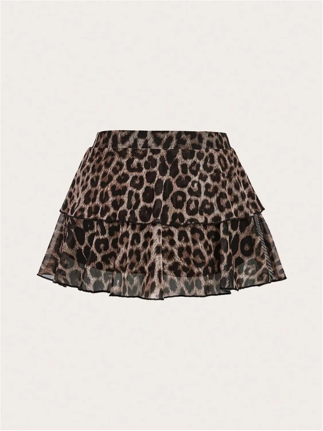 WDIRARA Women's Mesh Leopard Skirt Layered Ruffle Hem Bow Back Skirt Elastic Waist Flared Mini A Line Skirts
