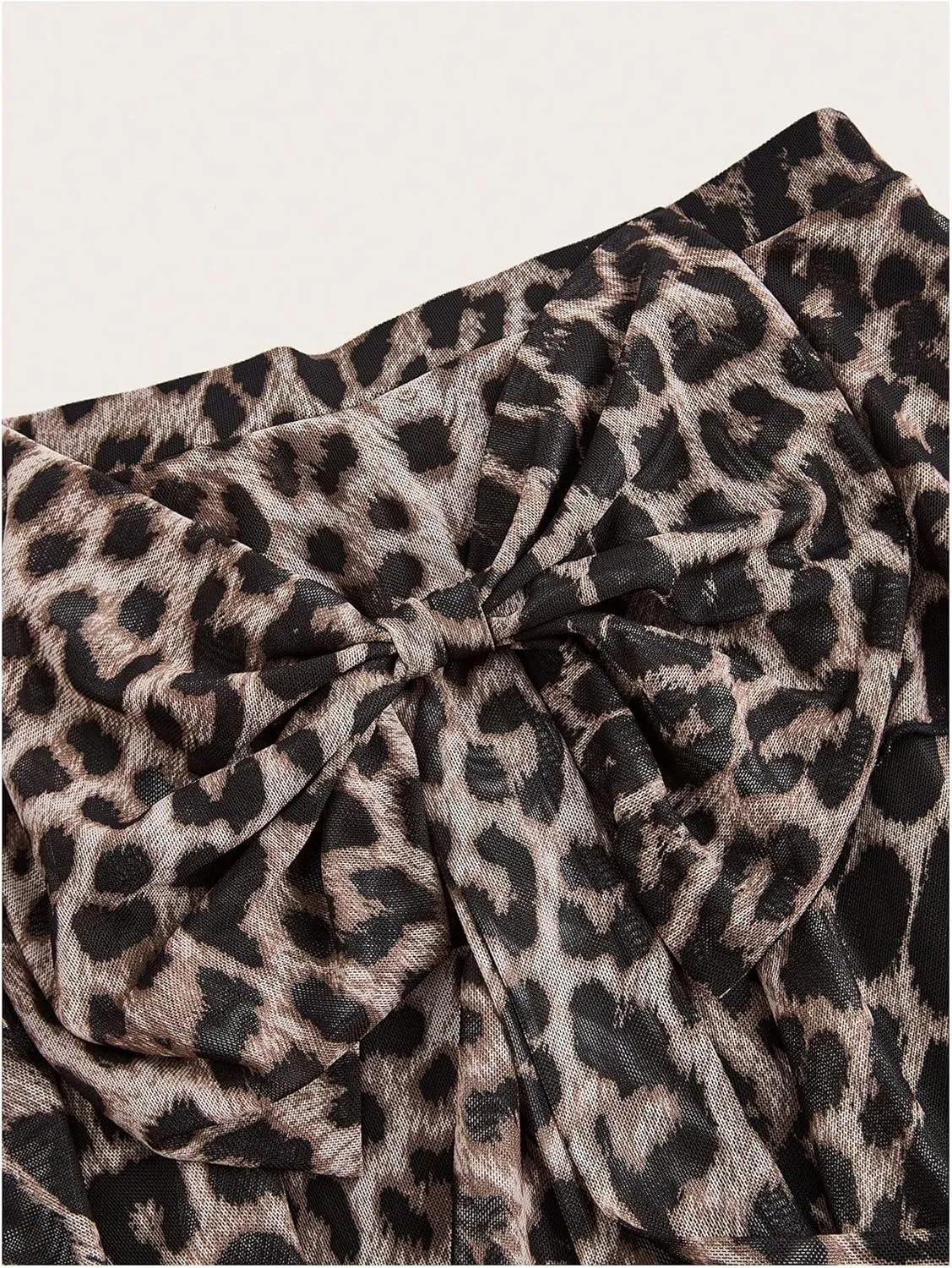 WDIRARA Women's Mesh Leopard Skirt Layered Ruffle Hem Bow Back Skirt Elastic Waist Flared Mini A Line Skirts