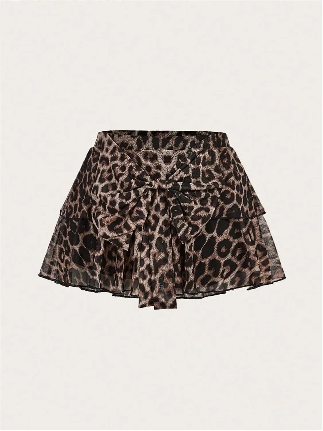 WDIRARA Women's Mesh Leopard Skirt Layered Ruffle Hem Bow Back Skirt Elastic Waist Flared Mini A Line Skirts