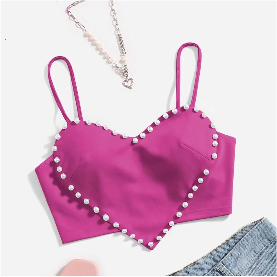 WDIRARA Women's Pearls Sleeveless Asymmetrical Hem Heart Crop Cami Top Sexy Camisole
