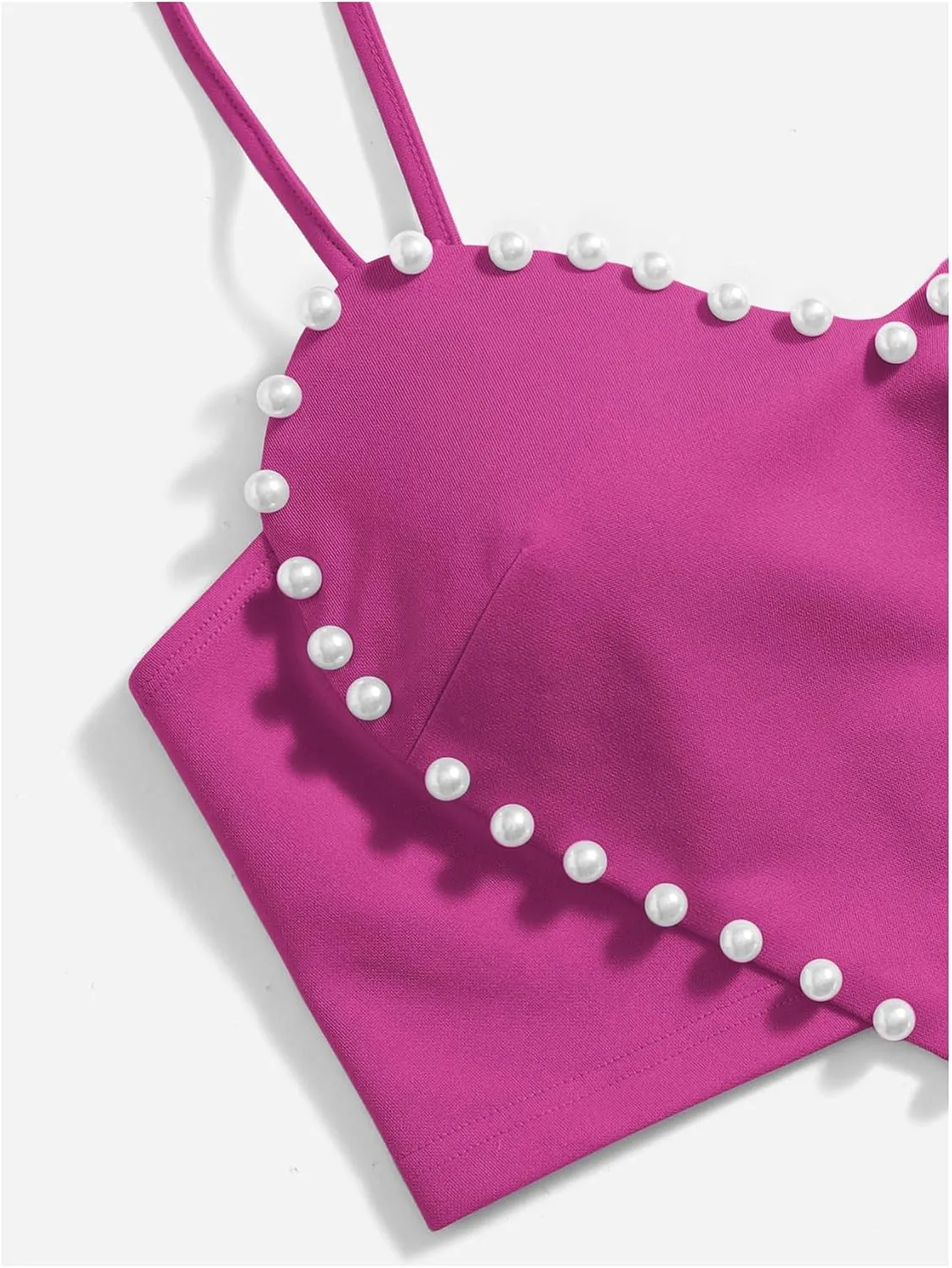 WDIRARA Women's Pearls Sleeveless Asymmetrical Hem Heart Crop Cami Top Sexy Camisole