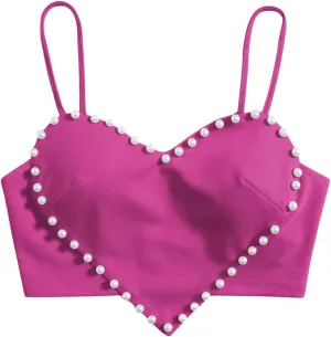 WDIRARA Women's Pearls Sleeveless Asymmetrical Hem Heart Crop Cami Top Sexy Camisole