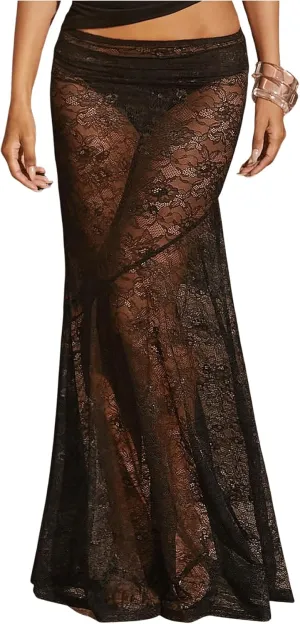 WDIRARA Women's Sexy See Through Floral Lace Sheer Maxi Skirts Elastic Waist Bodycon Long Mermaid Skirt