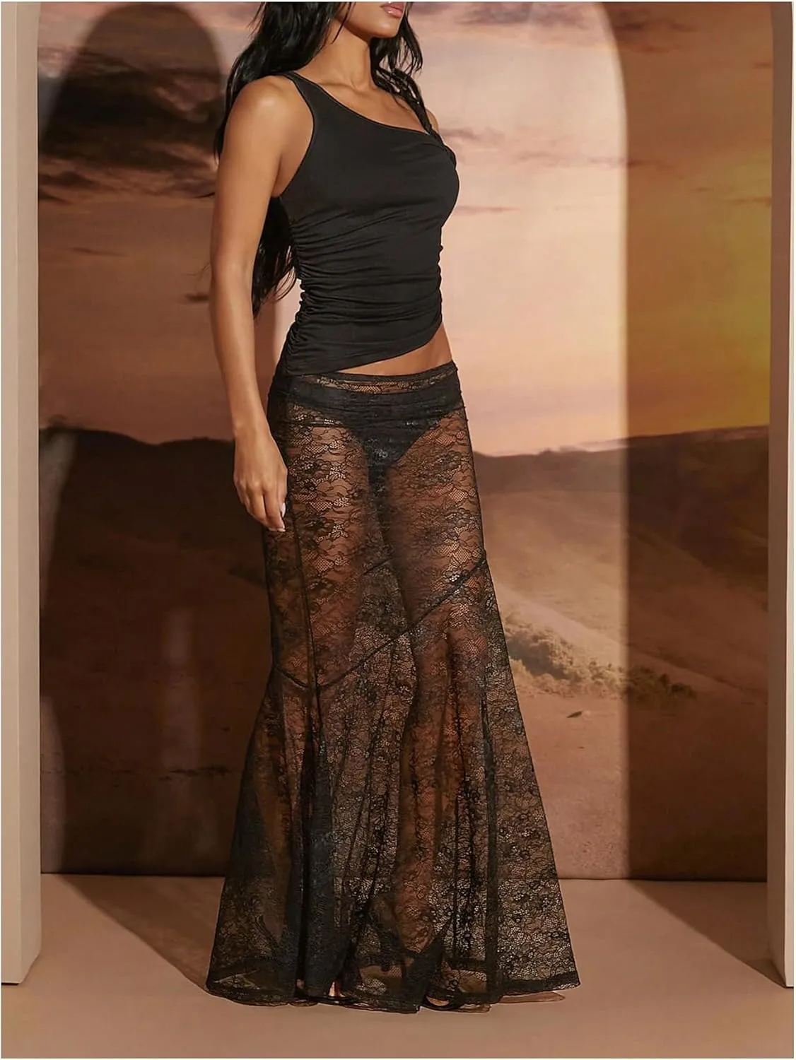 WDIRARA Women's Sexy See Through Floral Lace Sheer Maxi Skirts Elastic Waist Bodycon Long Mermaid Skirt