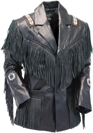 Western Cowboy Leather Fashion Jacket For Mens Fringe & Beaded Native American Coat