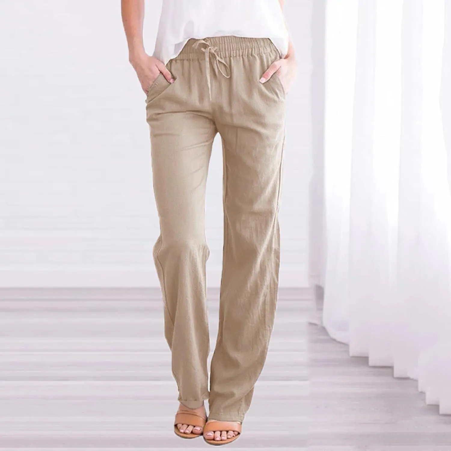 White Linen Pants Women Plus Size Wide Leg Pants Summer Relax Fit Elastic Waist Women's Summer Linen Pants Casual Work Pants