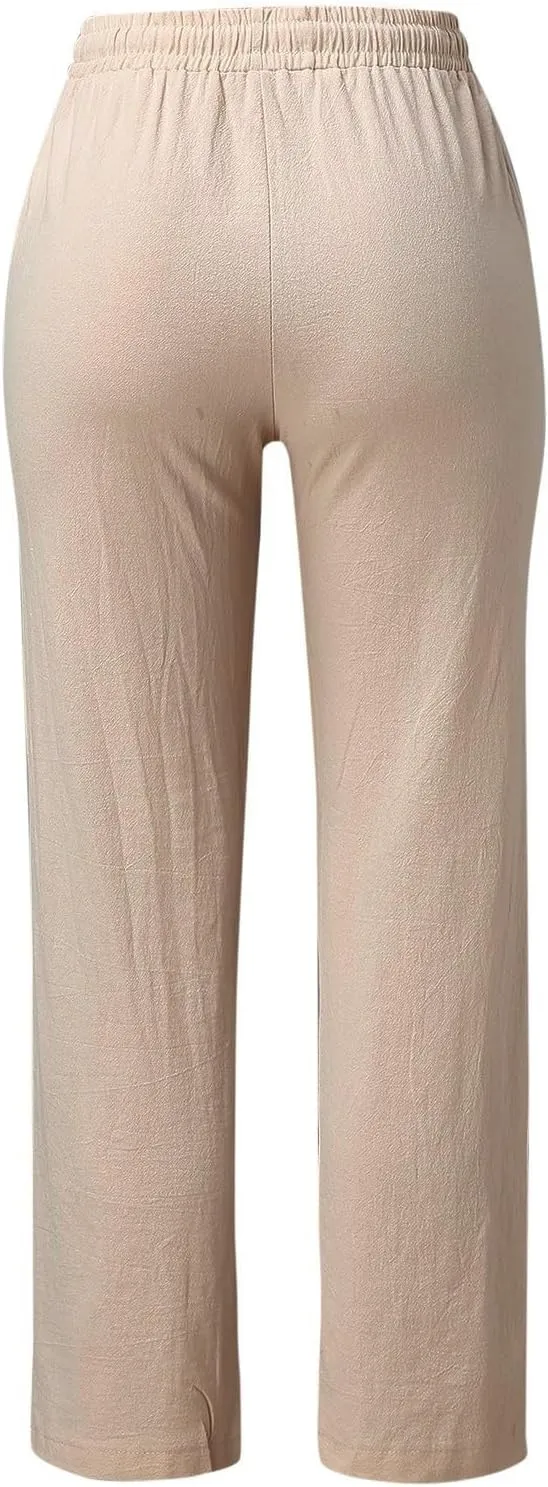 White Linen Pants Women Plus Size Wide Leg Pants Summer Relax Fit Elastic Waist Women's Summer Linen Pants Casual Work Pants