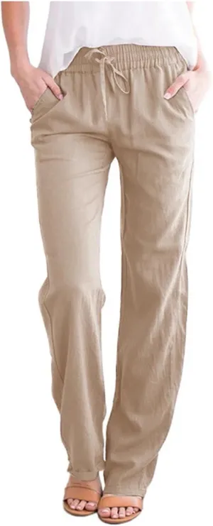 White Linen Pants Women Plus Size Wide Leg Pants Summer Relax Fit Elastic Waist Women's Summer Linen Pants Casual Work Pants
