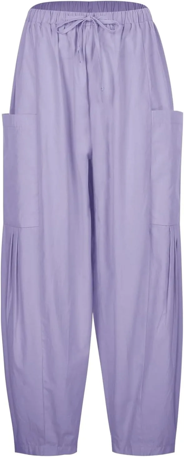 Wide Leg Cropped Pants for Women Casual Summer Baggy Harem Pants Drawstring Elastic Waist Crop Pants with Pockets