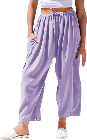 Wide Leg Cropped Pants for Women Casual Summer Baggy Harem Pants Drawstring Elastic Waist Crop Pants with Pockets