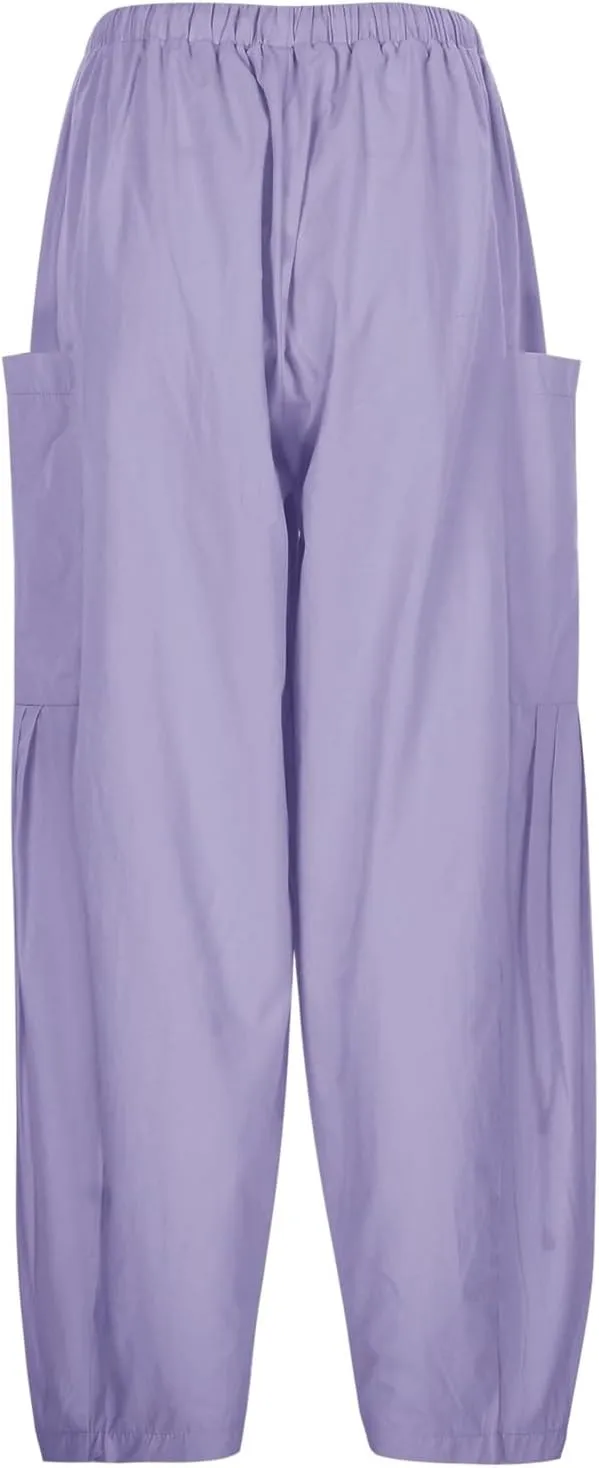 Wide Leg Cropped Pants for Women Casual Summer Baggy Harem Pants Drawstring Elastic Waist Crop Pants with Pockets