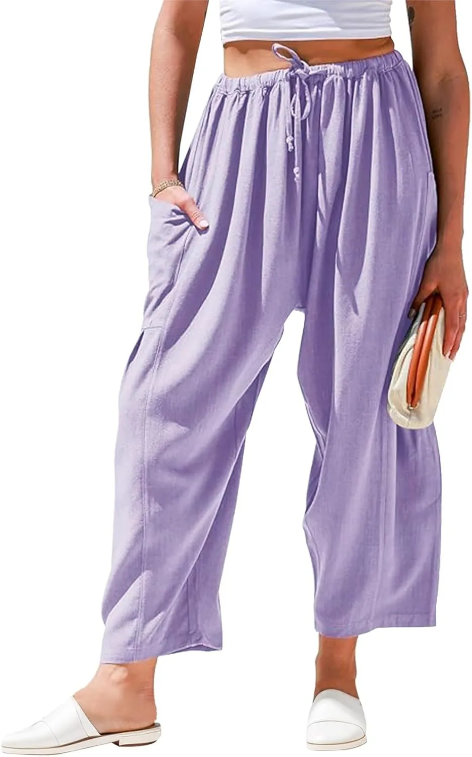 Wide Leg Cropped Pants for Women Casual Summer Baggy Harem Pants Drawstring Elastic Waist Crop Pants with Pockets